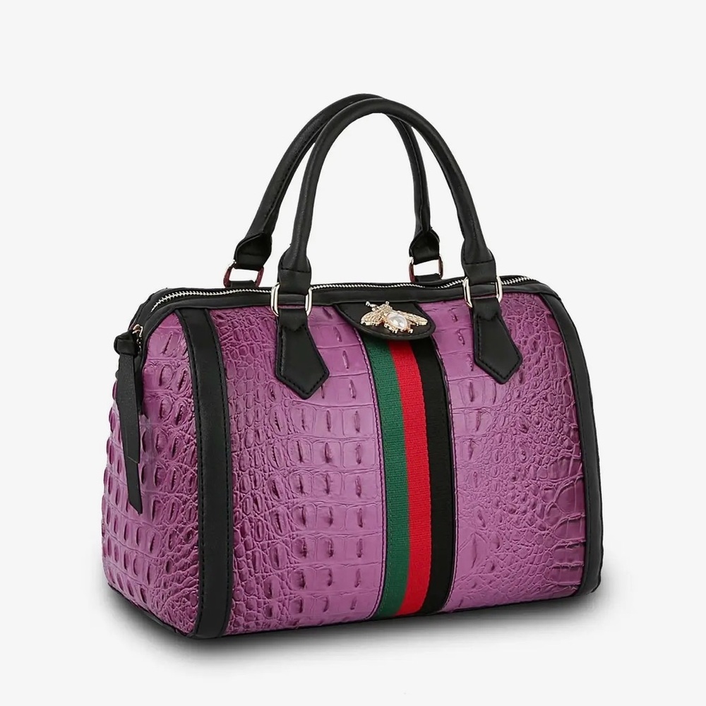 Designer-Inspired Purple Croc-Embossed Satchel with Stripe Accent